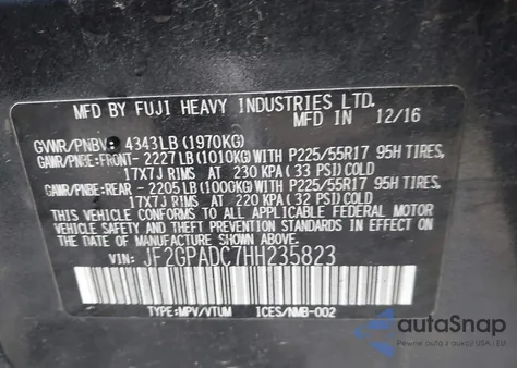 2017 Subaru Crosstrek 2.0I Premium from USA, damaged, VIN JF2GPADC7HH235823